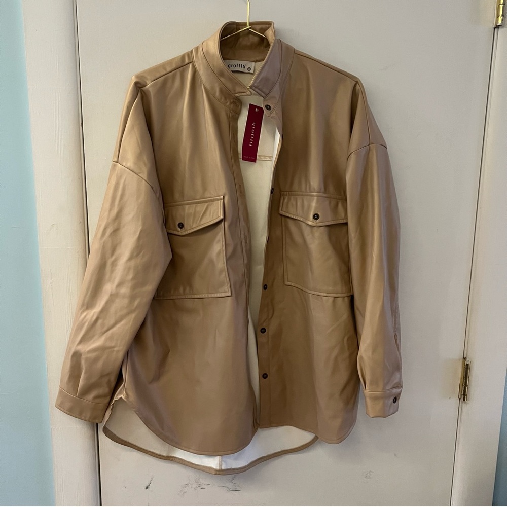 New tan leather button up jacket shirt